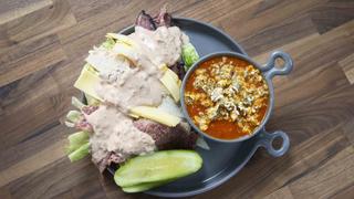 Tomato Soup with Cheddar Dill Popcorn and Reuben Salad