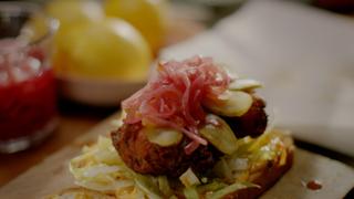 Fried Chicken Sandwich with Gherkins and Kimchi