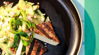 Cucumber Salad, Chicken, Noodles and Fritters