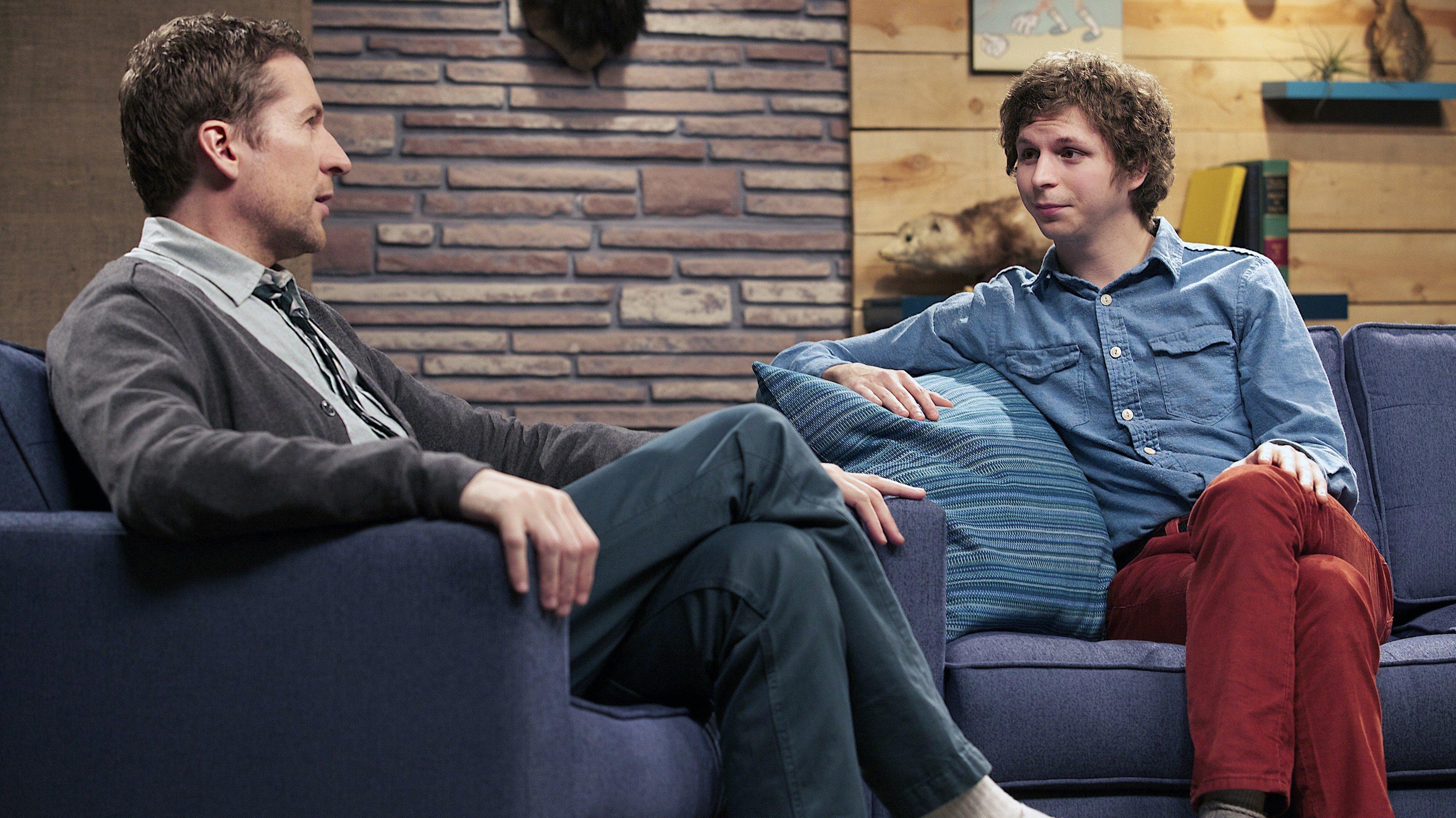 Comedy Bang! Bang!: Michael Cera Wears a Blue Denim Shirt & Red Pants