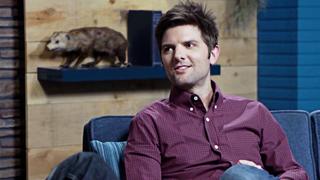 Adam Scott Wears a Red Oxford Shirt & Jeans