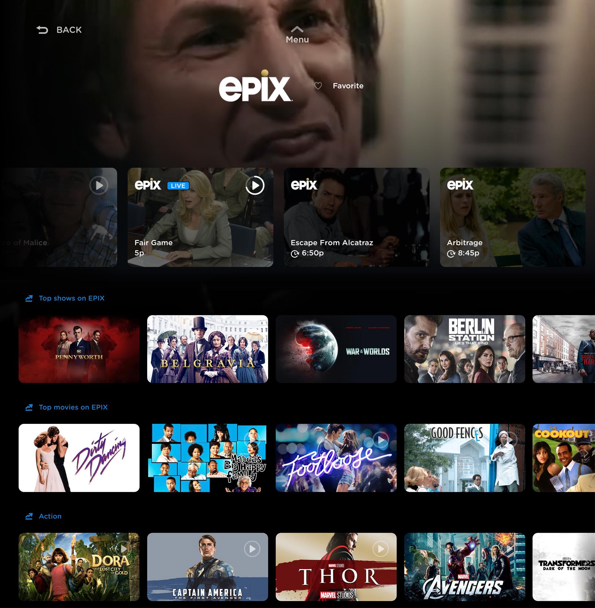 'Screenshot of expanded EPIX channel profile on Amazon Fire and Android TV'