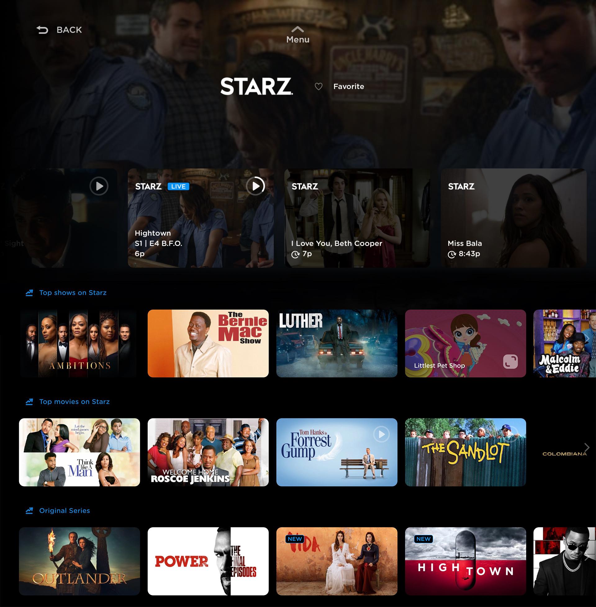 'Screenshot of expanded STARZ channel profile on Amazon Fire and Android TV'