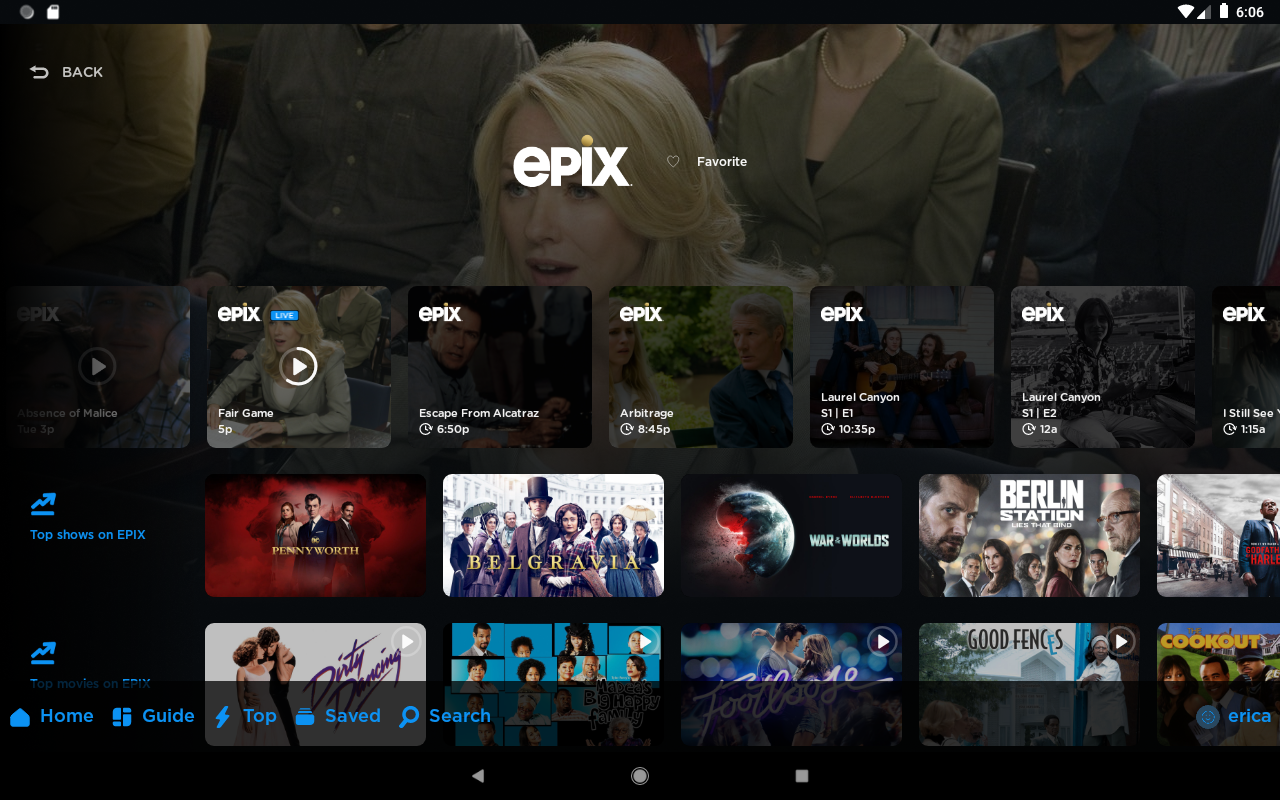 'Screenshot of EPIX Channel Profile on Android Mobile'