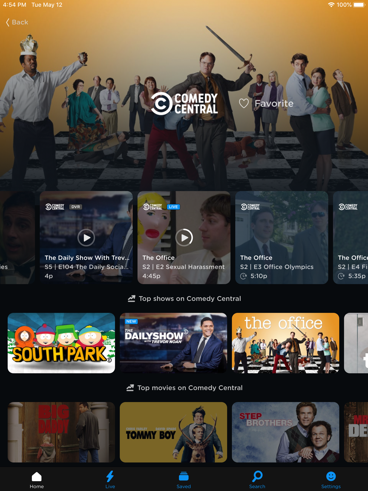 'Screenshot of Philo Channel Guide for Comedy Central on iPad'