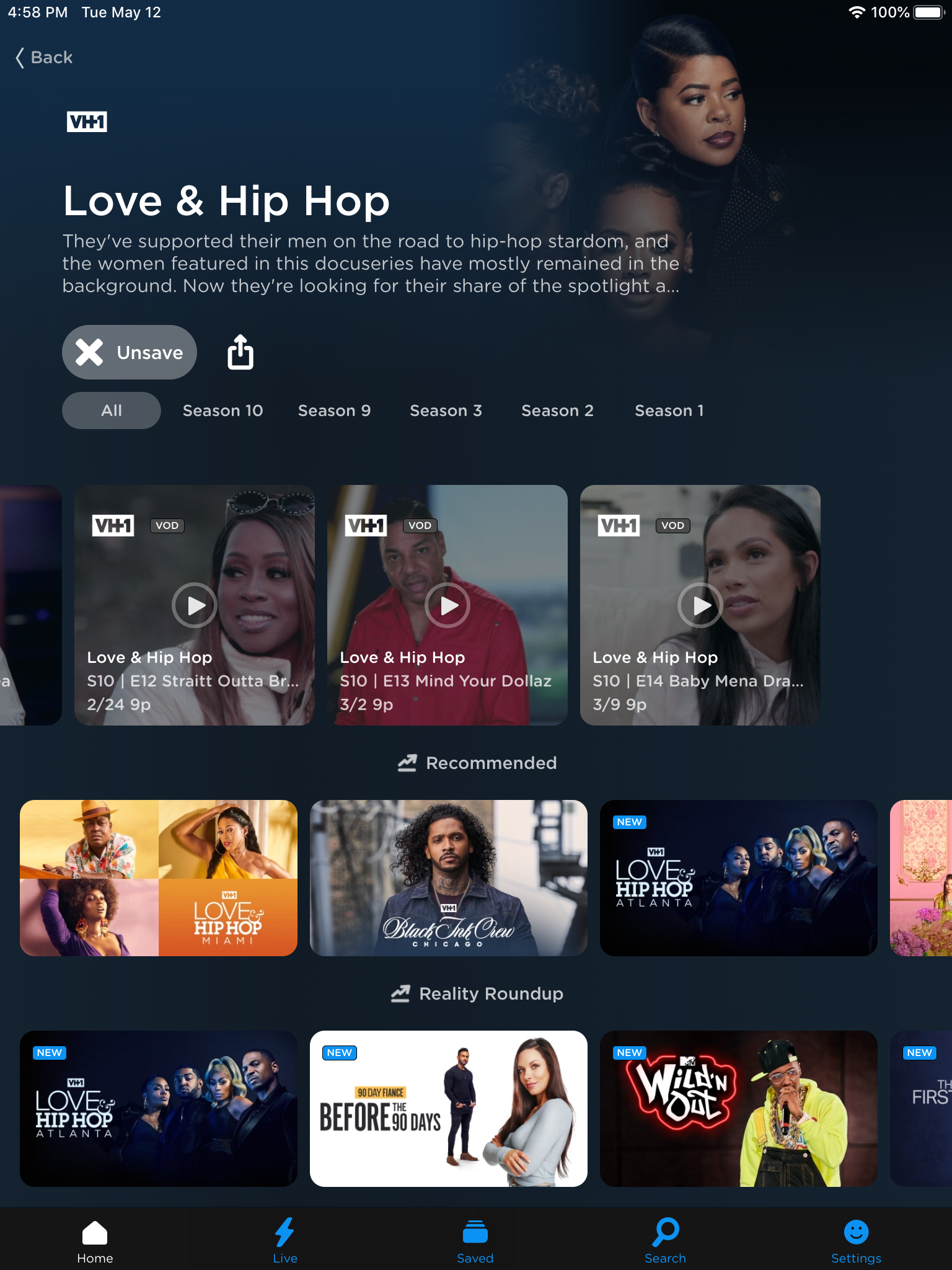 'Screenshot of Philo Show Guide for "Love and Hip Hop: Hollywood" on iPad'