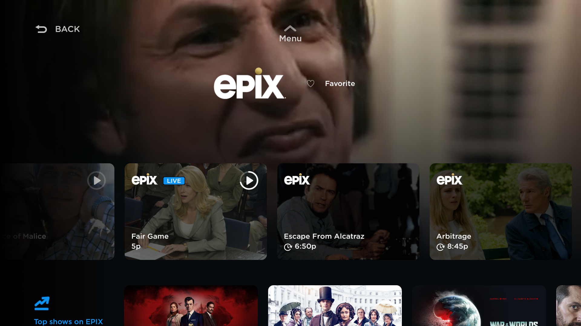 'Screenshot of EPIX Channel Profile on Android TV and Amazon Fire'