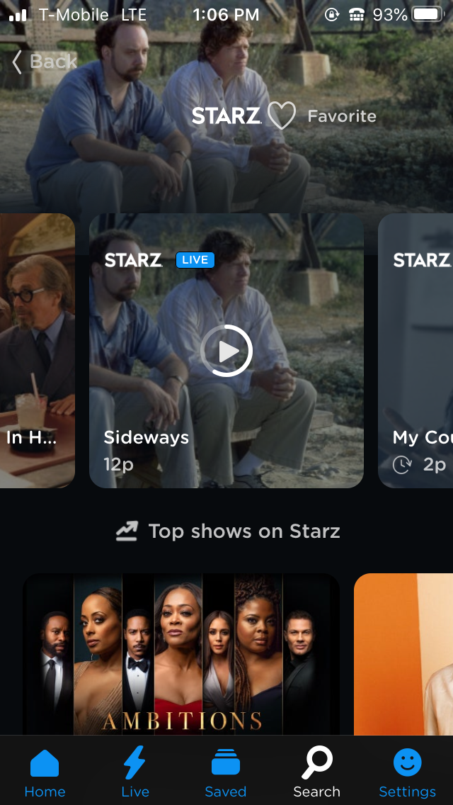 'Screenshot of STARZ Channel Profile on iOS iPhone'