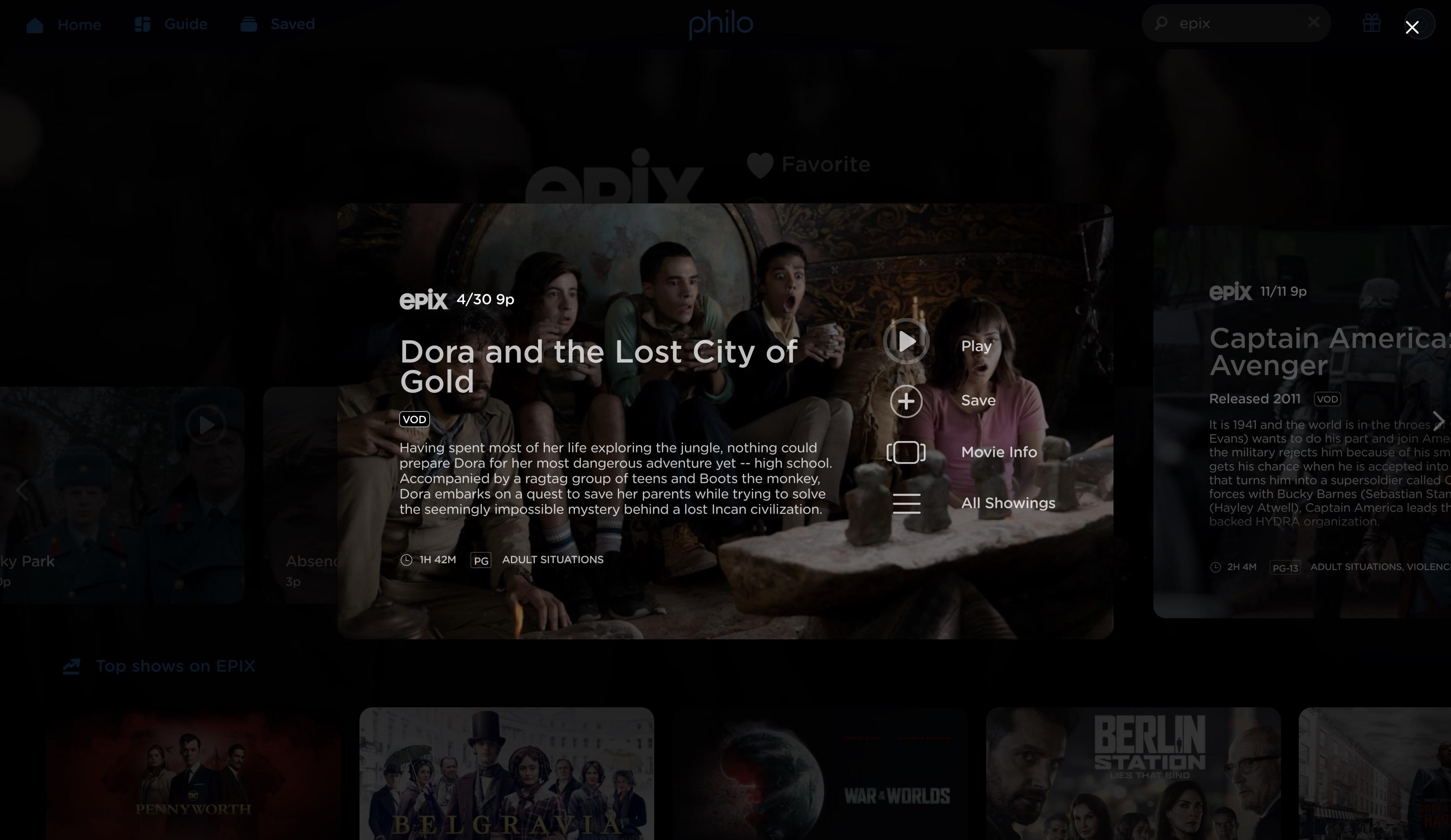 'Screenshot of Dora and the Lost City of Gold on EPIX, Web'