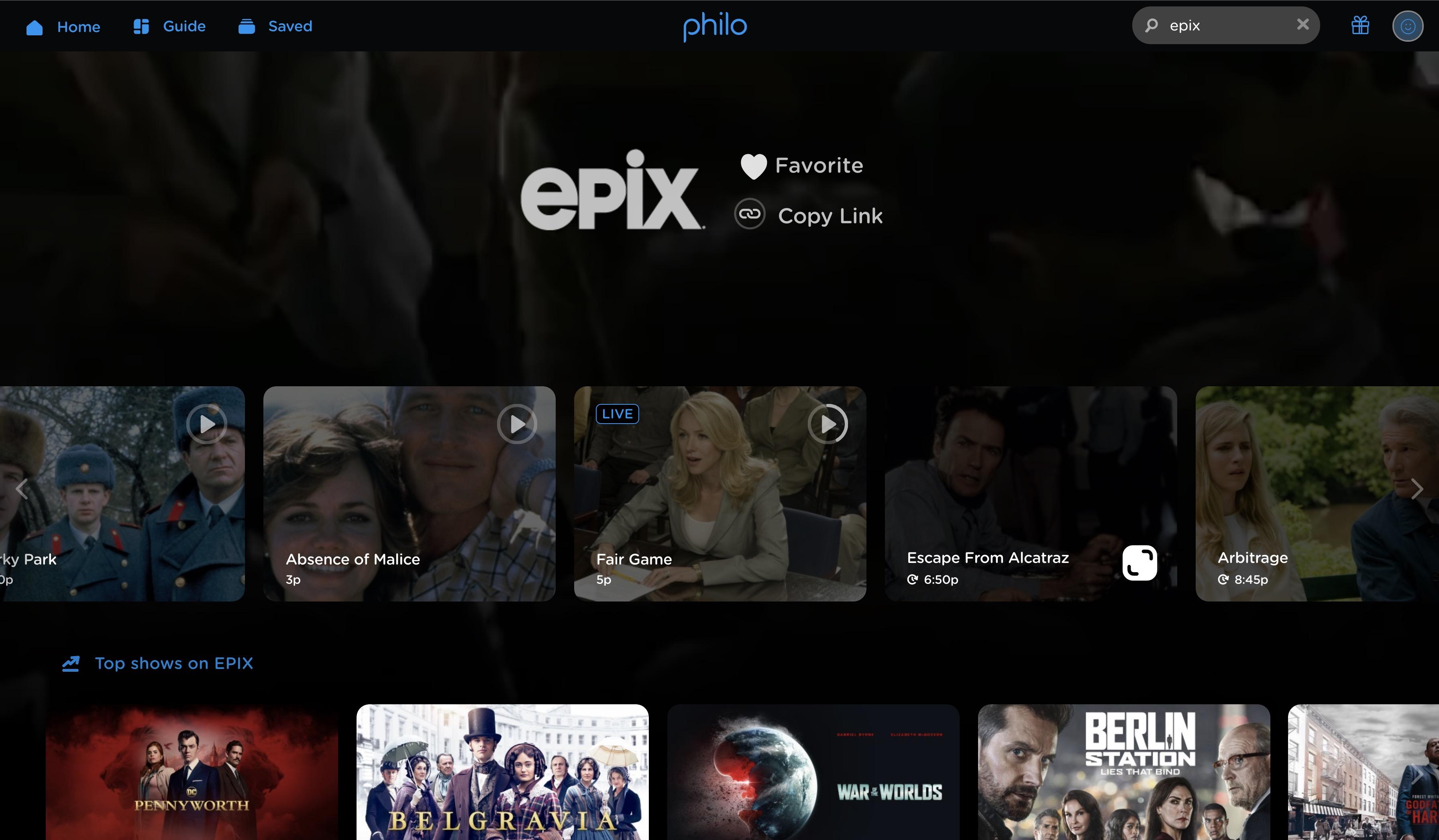 'Screenshot of EPIX Channel Profile on Web'