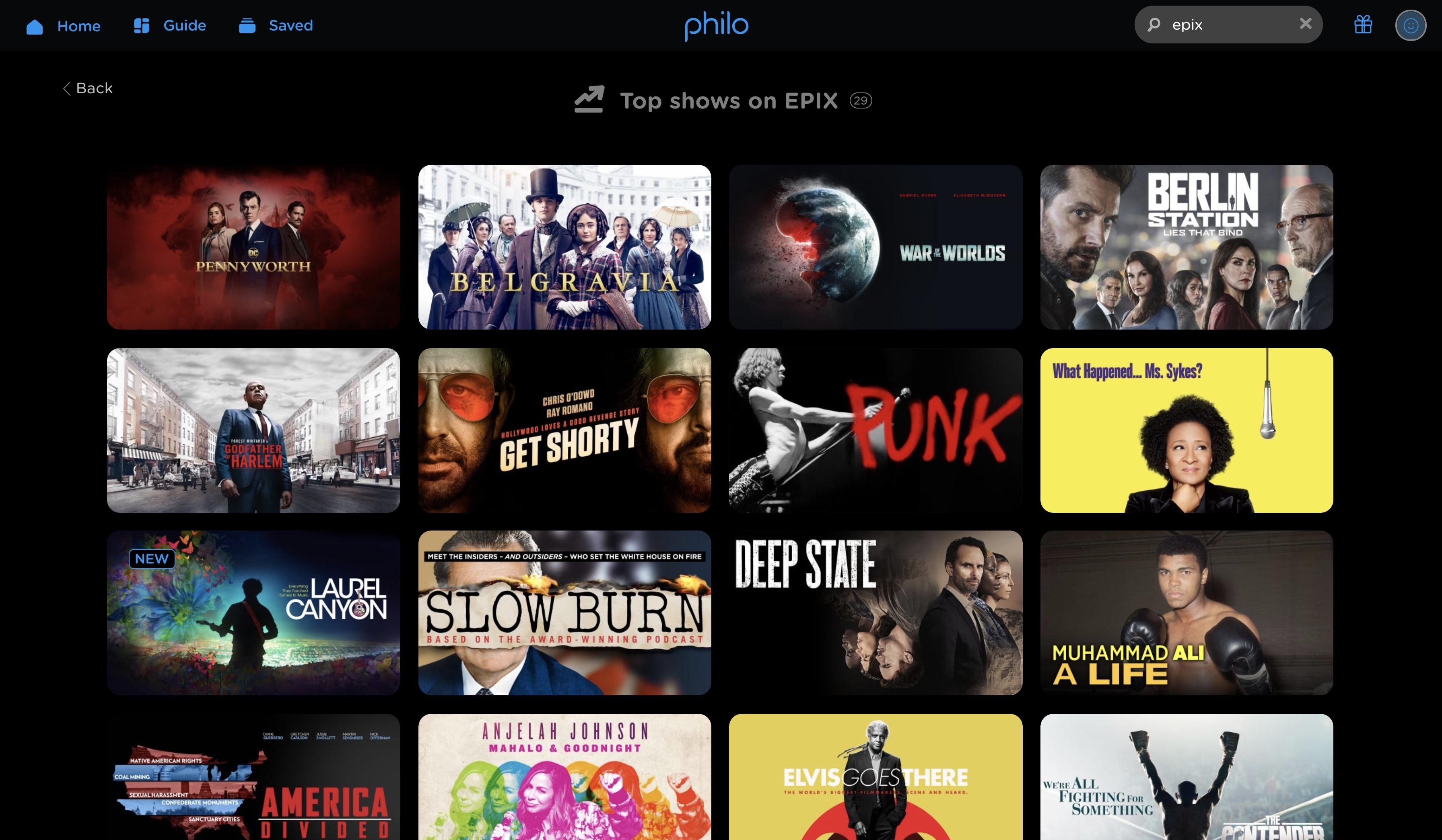 'Screenshot of EPIX Top Shows on Web'
