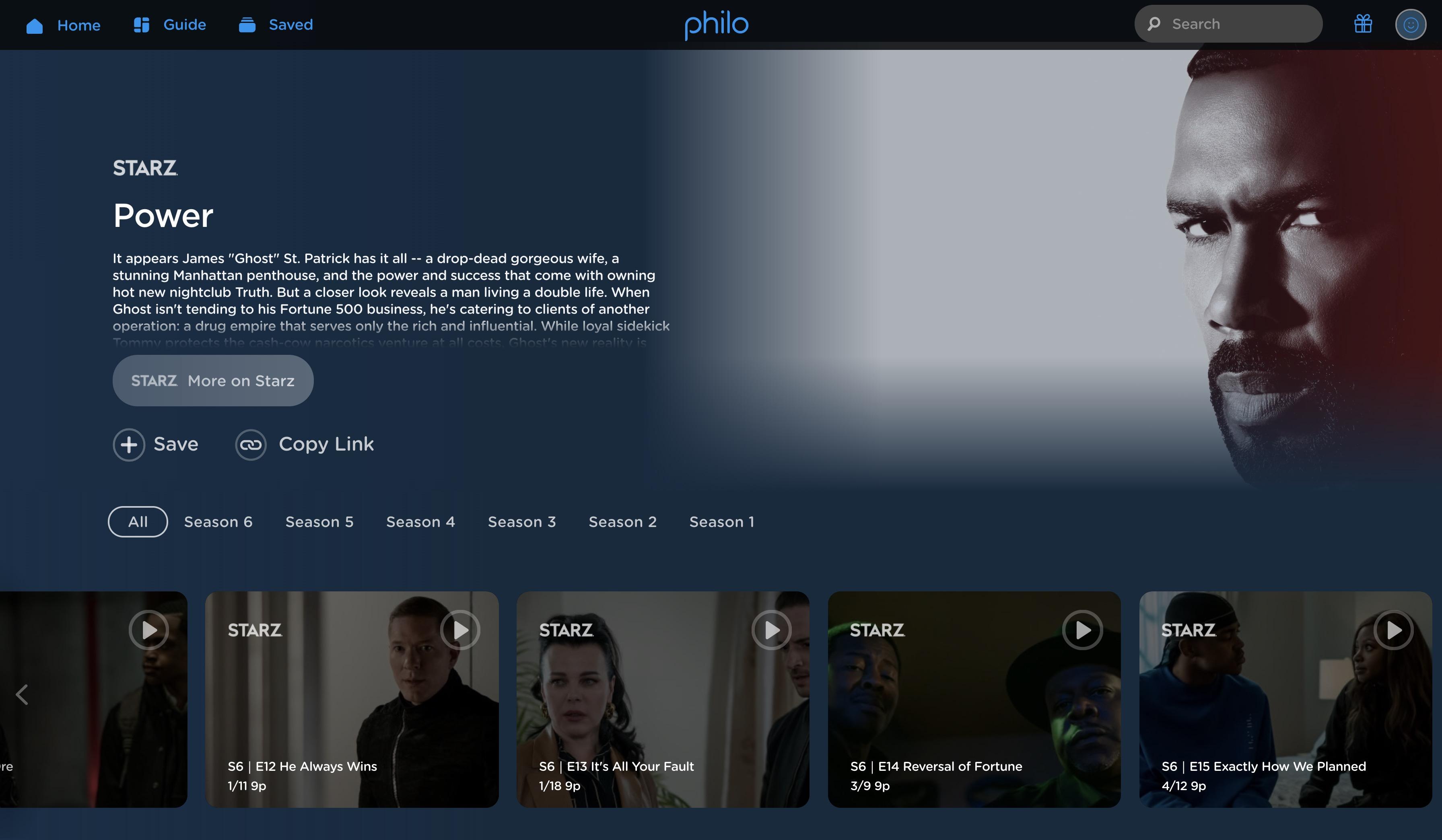 'Screenshot of Power Series Guide in Philo Web Player'