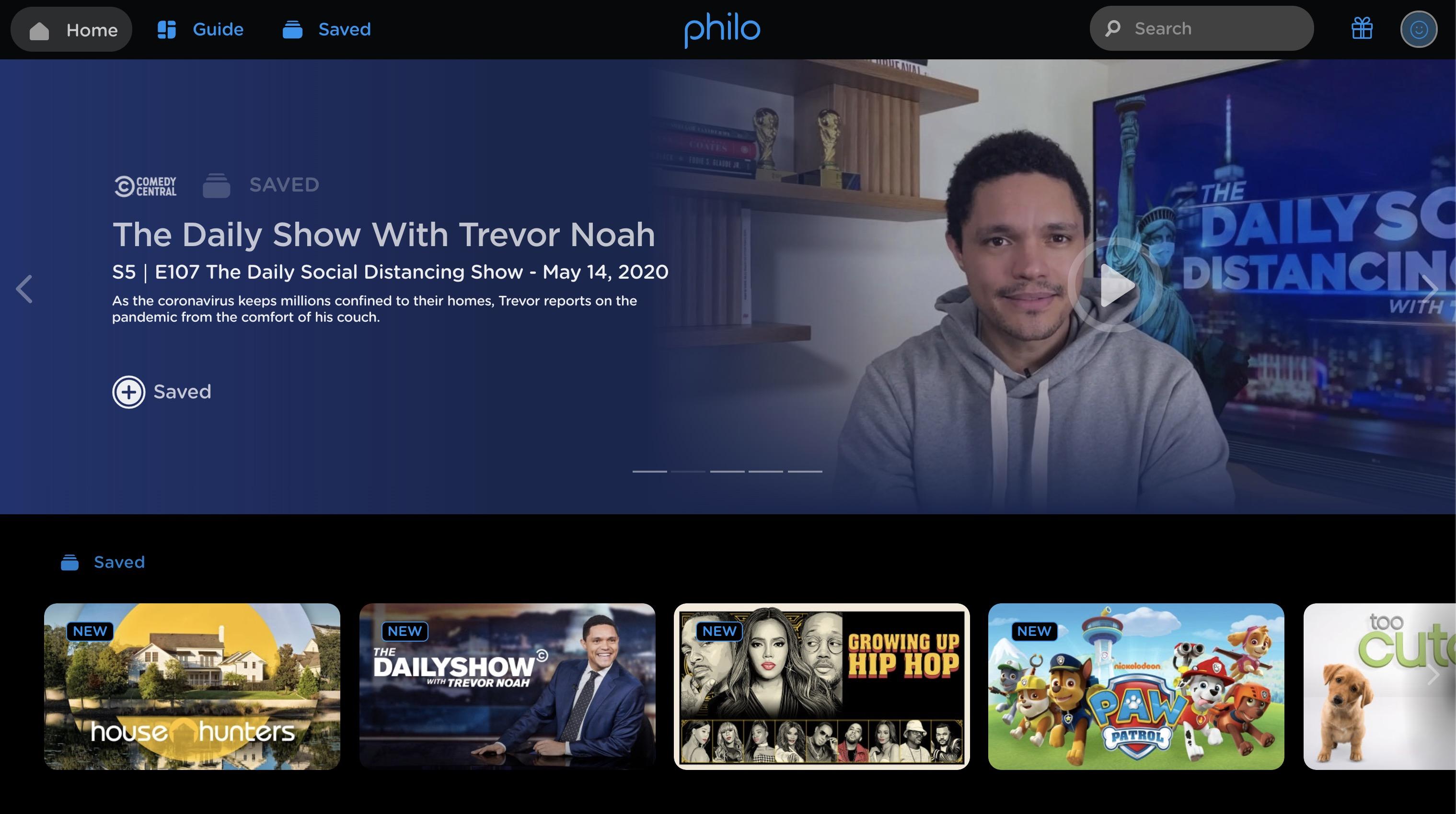 'Screenshot, Philo Home screen on Web'