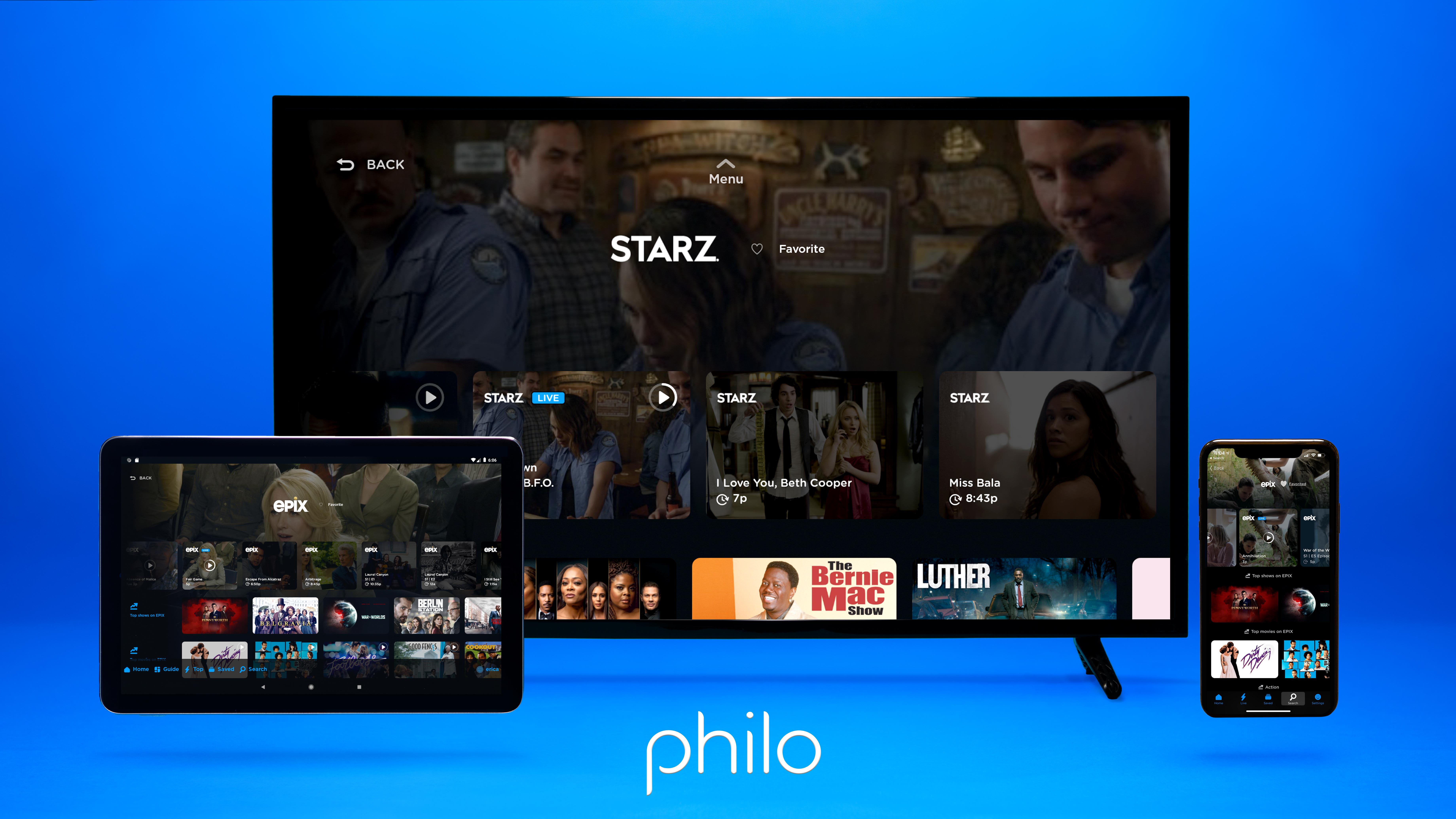 'Image of EPIX and STARZ channel profiles on TV, tablet, and iPhone against a blue background.'