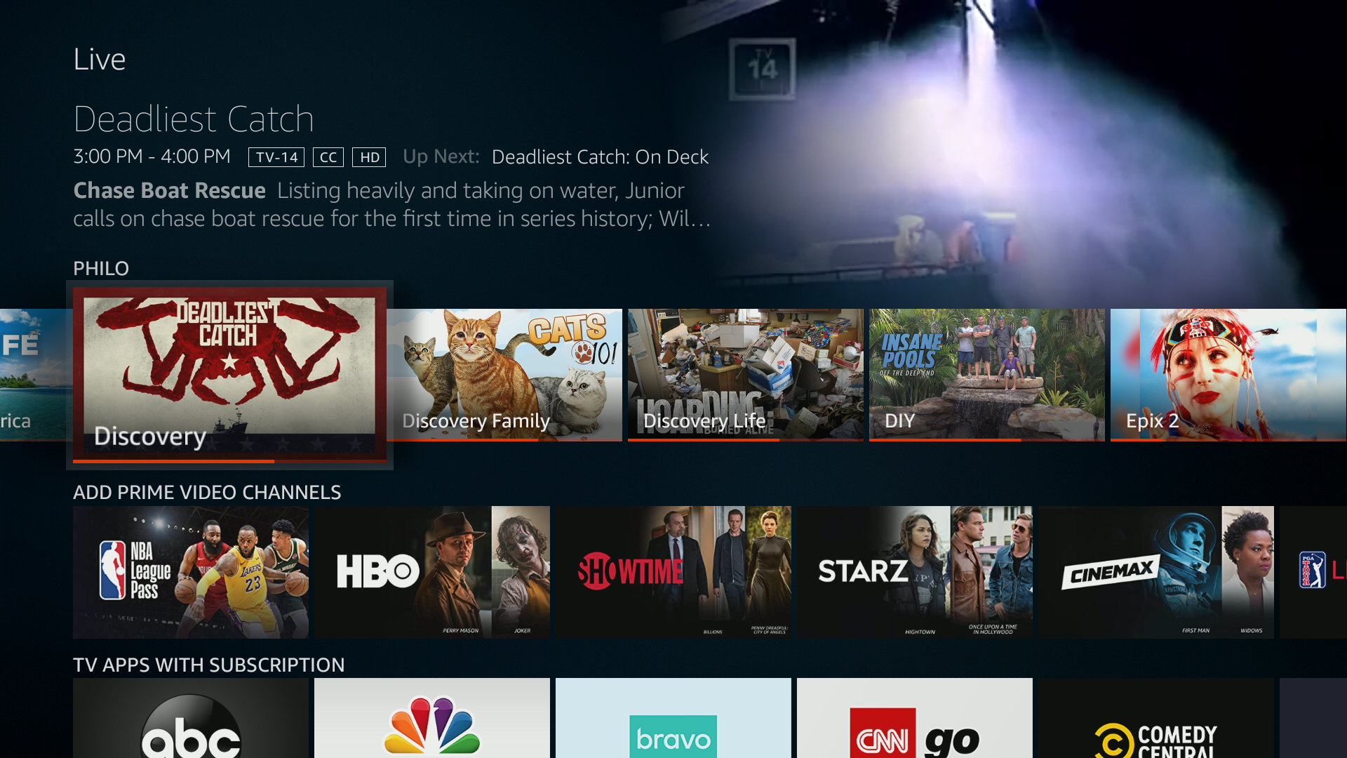 'Philo row featured in the Live TV Tab on Amazon Fire TV stick.'