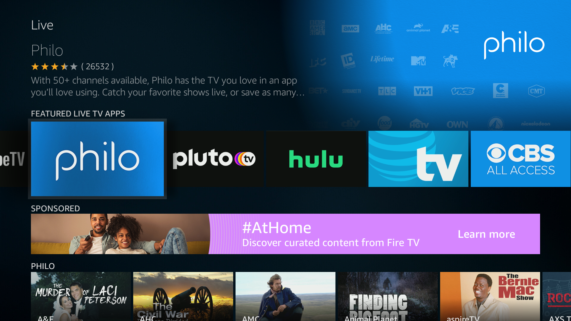 'Philo App featured in the Live TV Tab on Amazon Fire TV stick.'