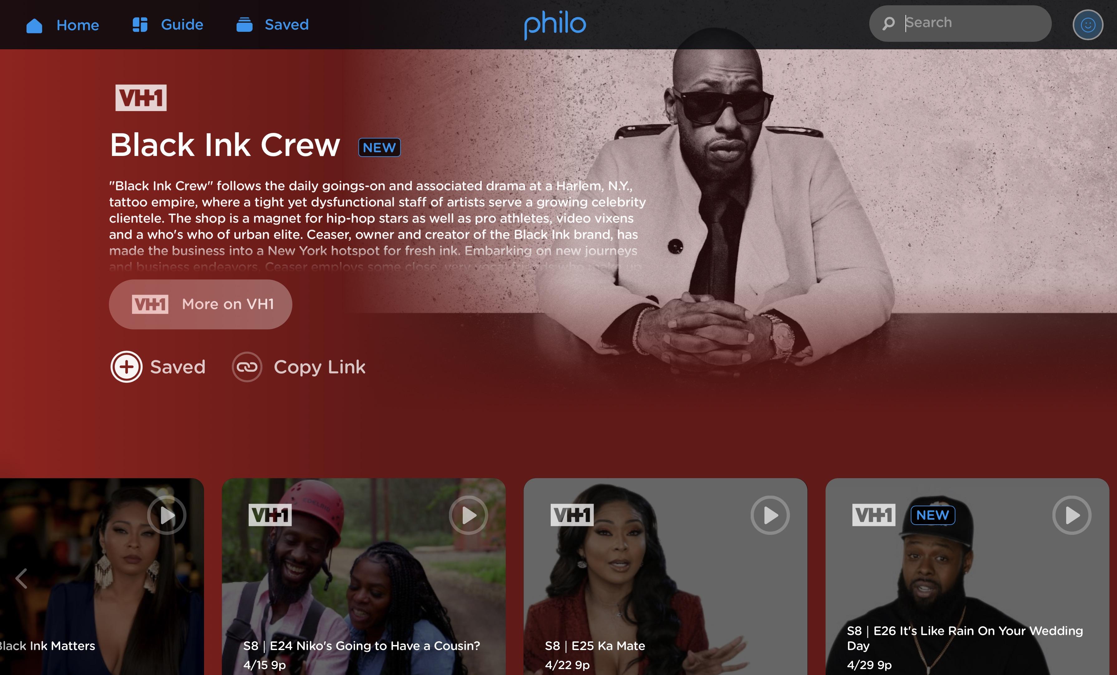 'Screenshot, Philo Show Guide for "Black Ink Crew" on Web'